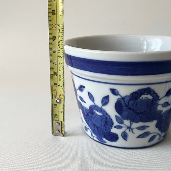 Pair Vintage Blue and White Handpainted Ceramic Planter Pot Rooster Floral - Picture 5 of 7